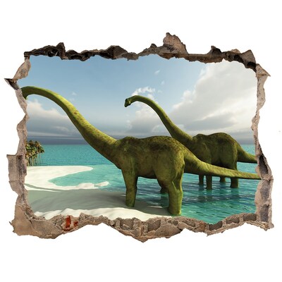 3D wall hole wallpaper Dinosaurs on the beach