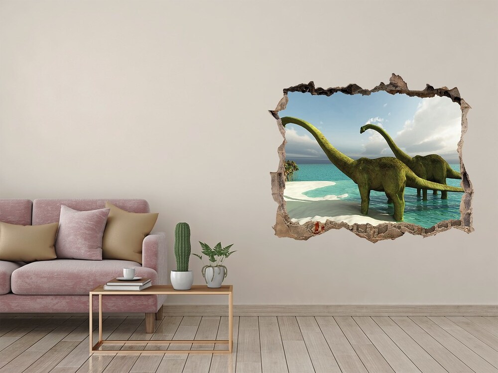 3D wall hole wallpaper Dinosaurs on the beach