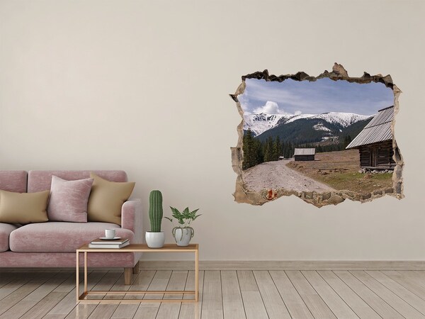 3D wall hole wallpaper Mountain landscape with huts
