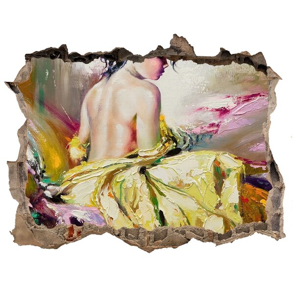 3D wall hole wallpaper Woman in a yellow dress