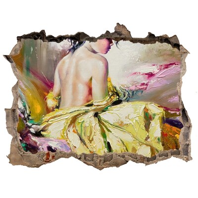 3D wall hole wallpaper Woman in a yellow dress