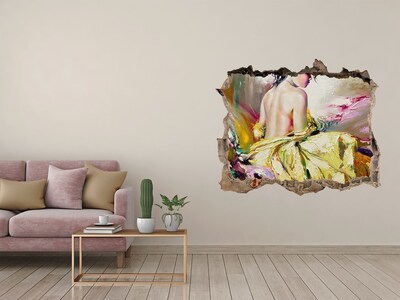 3D wall hole wallpaper Woman in a yellow dress