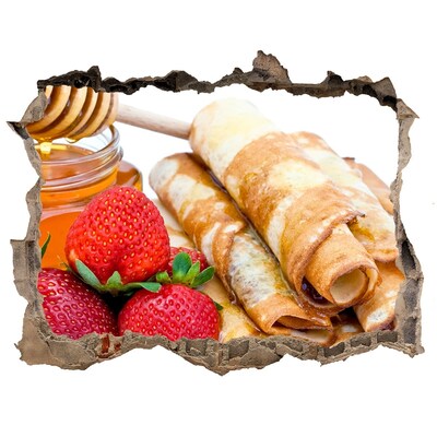 3D wall hole Delicious pancakes with strawberries