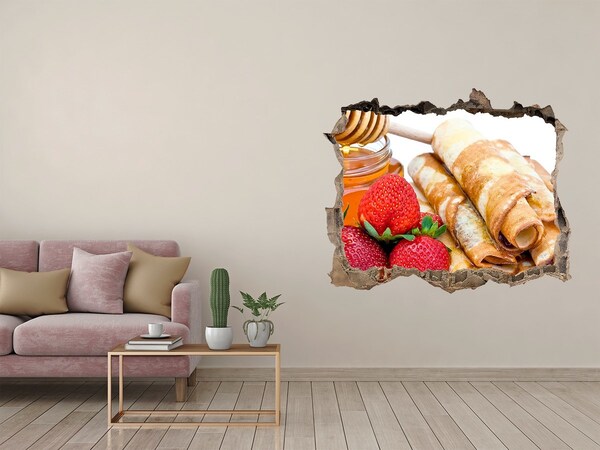 3D wall hole Delicious pancakes with strawberries