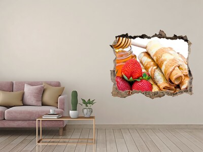 3D wall hole Delicious pancakes with strawberries