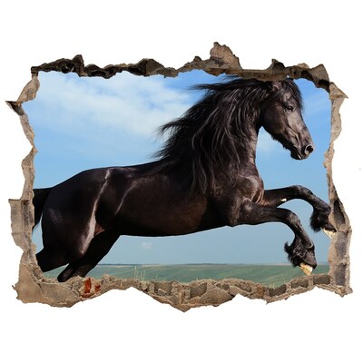 3D wall hole Black horse in the meadow