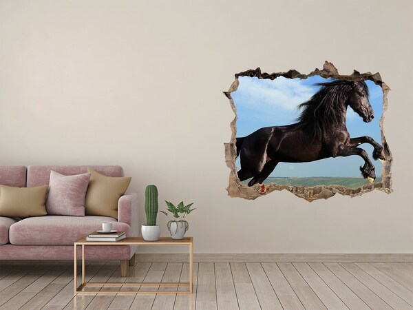 3D wall hole Black horse in the meadow