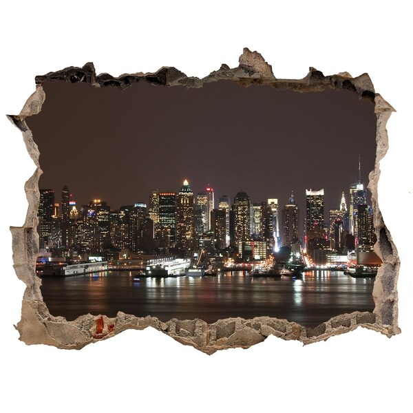 3D wall hole wallpaper New York skyline at night