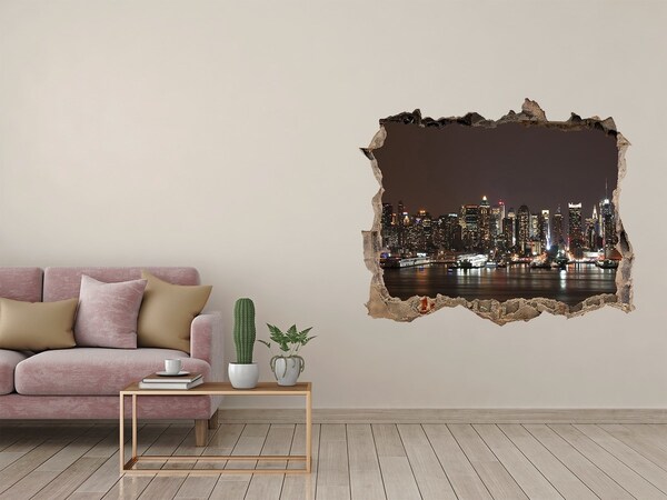 3D wall hole wallpaper New York skyline at night