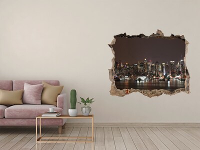 3D wall hole wallpaper New York skyline at night