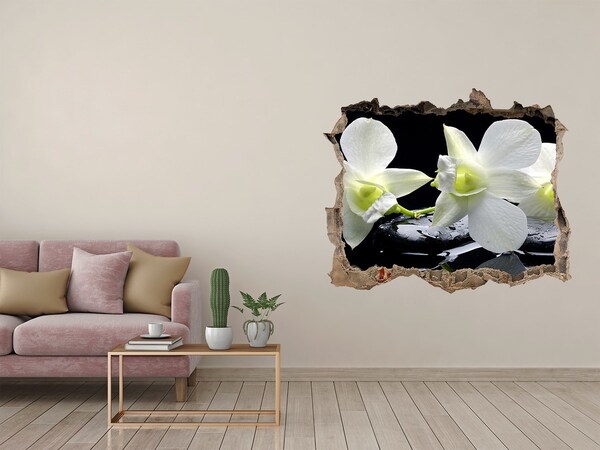 3D wall hole wallpaper Flowers and stones in a zen style