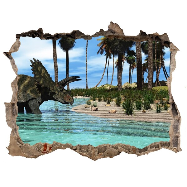 3D wall hole wallpaper Dinosaur in a tropical paradise