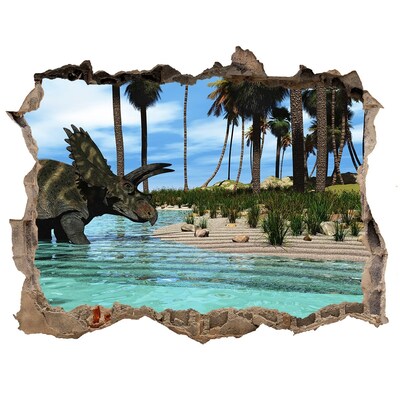 3D wall hole wallpaper Dinosaur in a tropical paradise