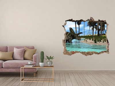 3D wall hole wallpaper Dinosaur in a tropical paradise
