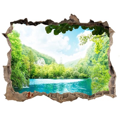 Hole wall sticker Green valley with a lake