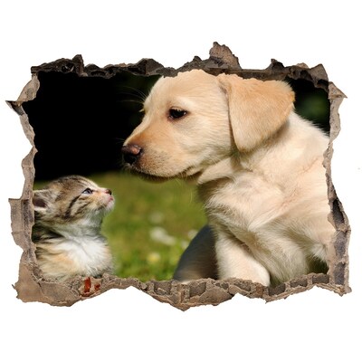 Hole wall sticker Dog and cat friendship