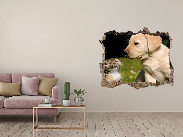 Hole wall sticker A dog and a cat in the meadow