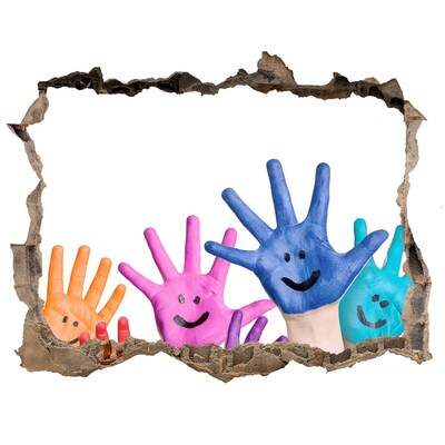 Hole in the wall sticker Joyful hands against the background of concrete