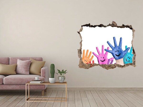 Hole in the wall sticker Joyful hands against the background of concrete