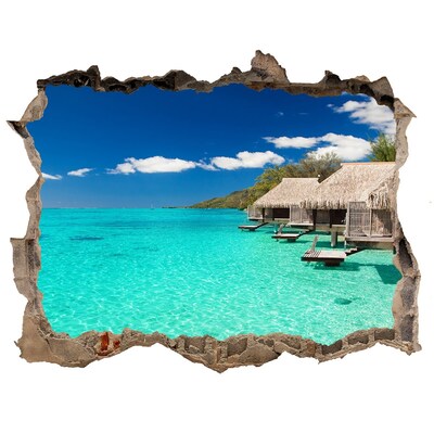 3D wall hole wallpaper Paradise Lagoon among the Bungalows