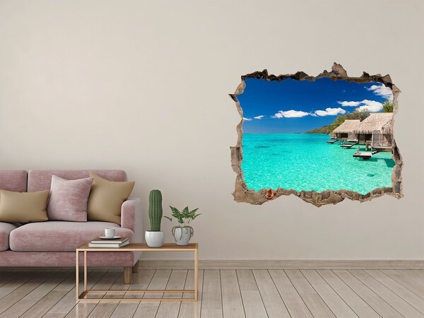 3D wall hole wallpaper Paradise Lagoon among the Bungalows