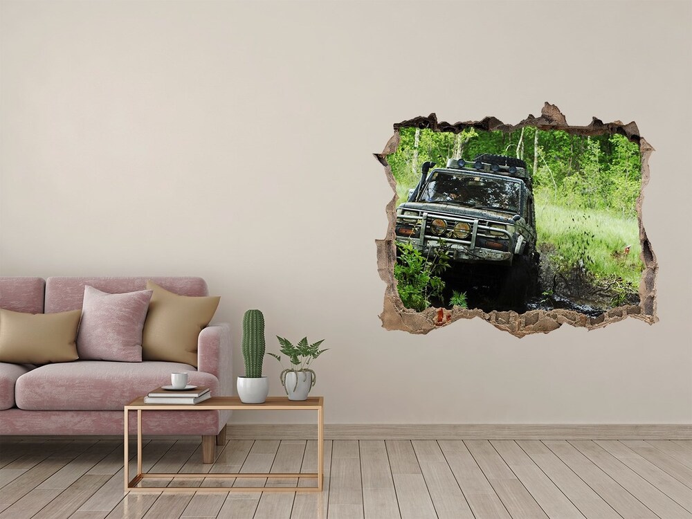 3D wall hole wallpaper Jeep in the forest