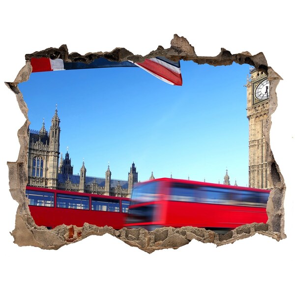 Hole wall sticker London skyline with a red bus
