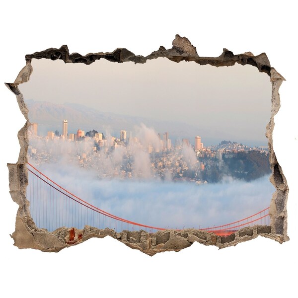 3D wall hole Golden Gate Bridge in the clouds