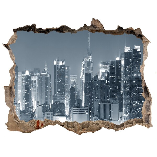 3D wall hole New York skyline at night