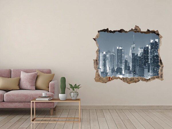 3D wall hole New York skyline at night