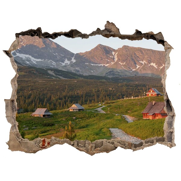 Hole wall sticker Mountain valley with huts
