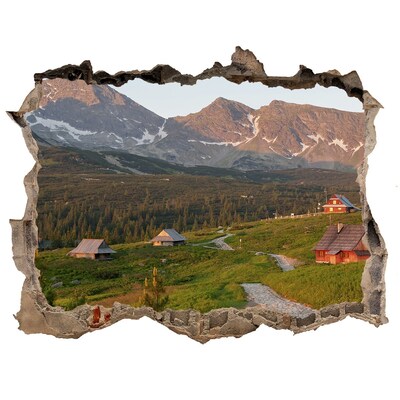 Hole wall sticker Mountain valley with huts