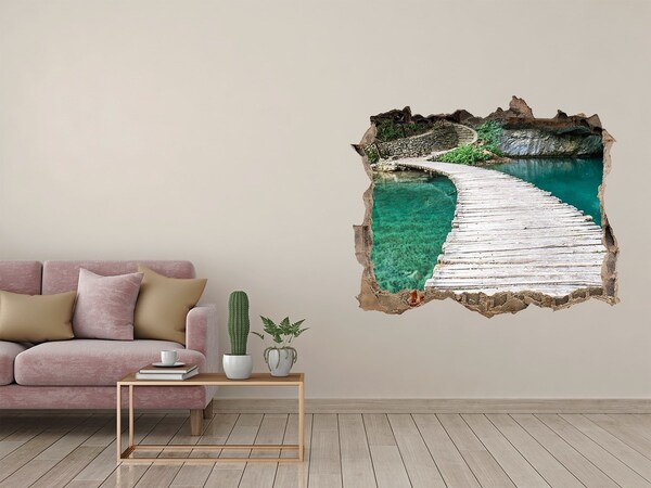 3D wall hole wallpaper Mysterious bridge over turquoise water