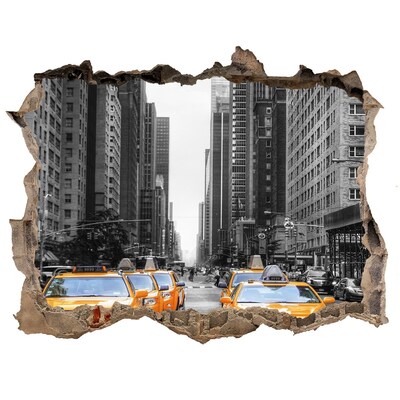 3D wall hole wallpaper New York City Taxis in the Urban Landscape