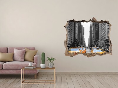 3D wall hole wallpaper New York City Taxis in the Urban Landscape