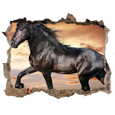 3D wall hole wallpaper Wild horse against the sunset background