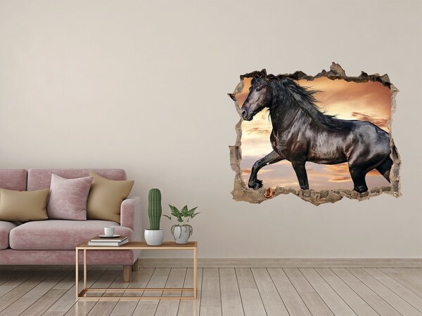3D wall hole wallpaper Wild horse against the sunset background