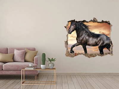 3D wall hole wallpaper Wild horse against the sunset background