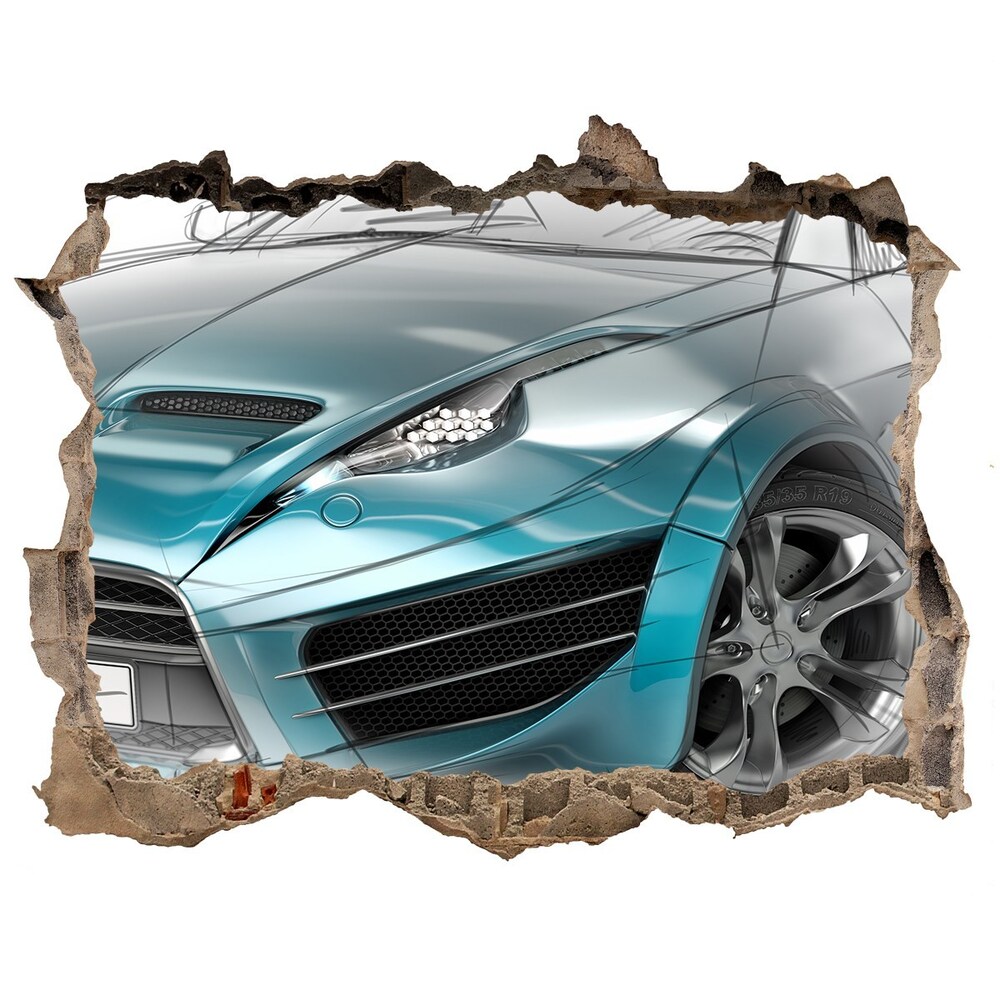 3D wall hole wallpaper Sketch of the car