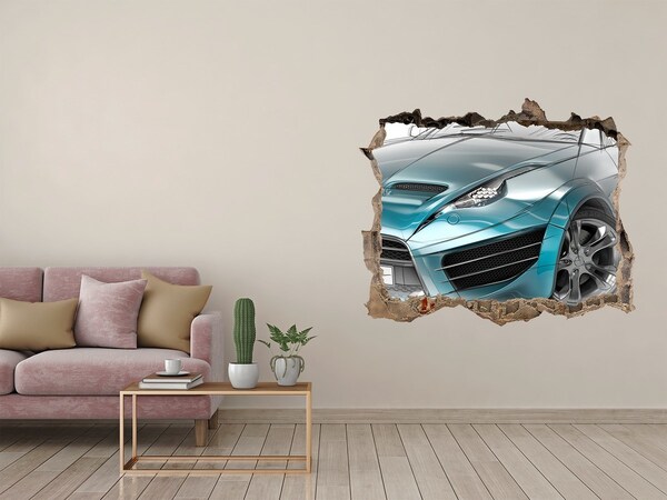 3D wall hole wallpaper Sports car in a hole in the wall