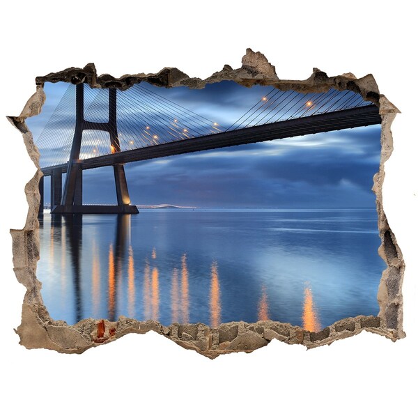3D wall hole wallpaper A bridge over the water in a night scene