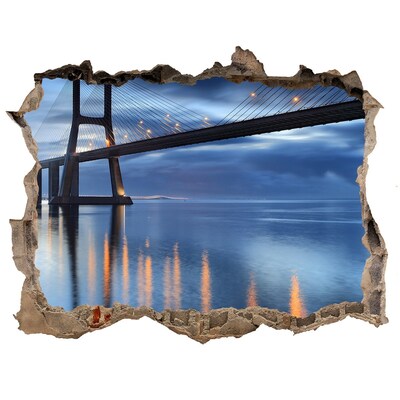3D wall hole wallpaper A bridge over the water in a night scene
