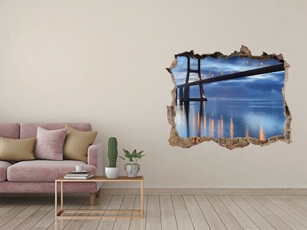 3D wall hole wallpaper A bridge over the water in a night scene