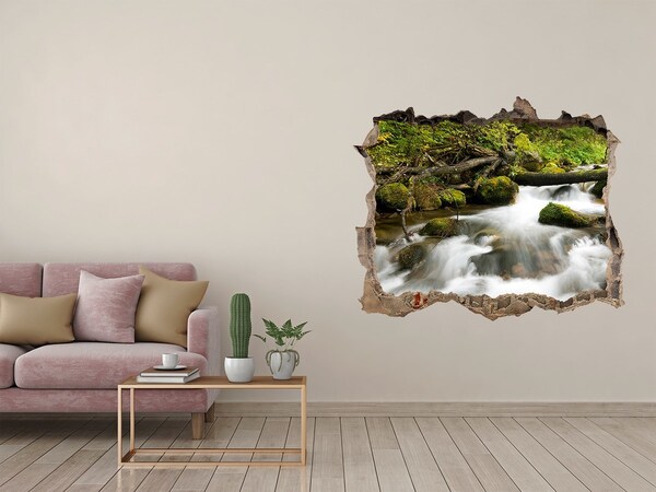 3D wall hole wallpaper Green stream in the forest