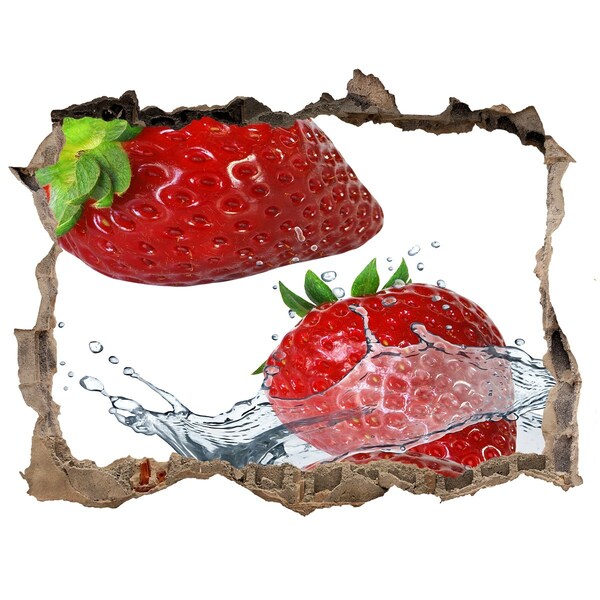 3D wall hole wallpaper Juicy strawberries in water