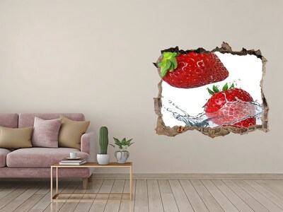 3D wall hole wallpaper Juicy strawberries in water