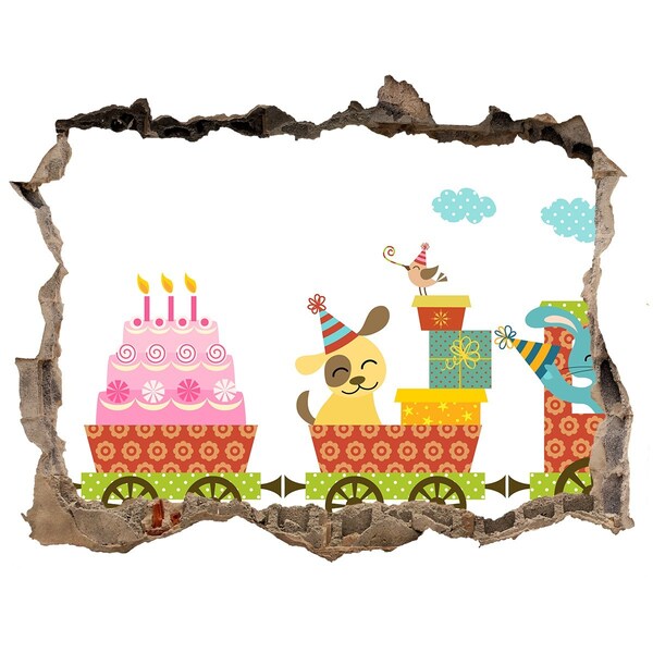 3D wall hole wallpaper Train with presents and birthday cake