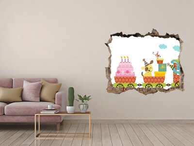 3D wall hole wallpaper Train with presents and birthday cake