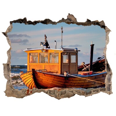 Hole wall sticker A bay with a fishing boat