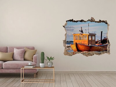 Hole wall sticker A bay with a fishing boat